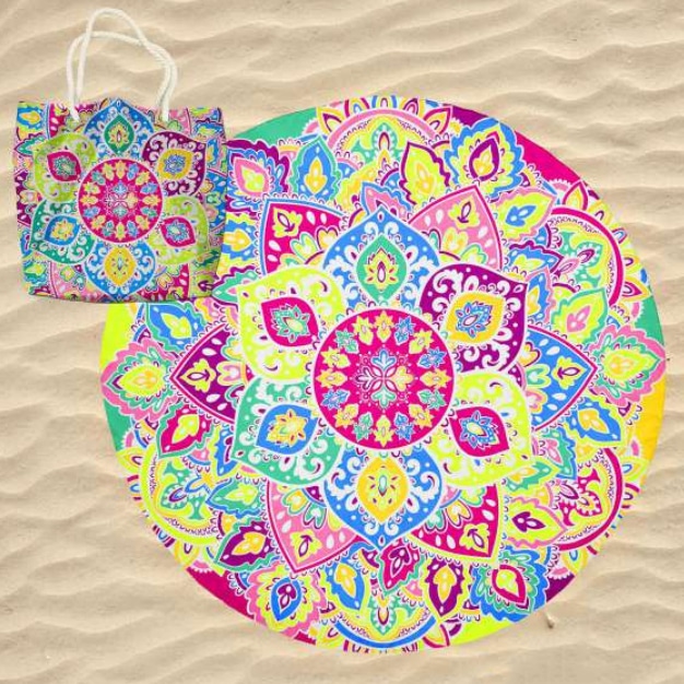 Toalha de Praia Microfibra Redonda Mandala Lótus Psicadélico com Saco